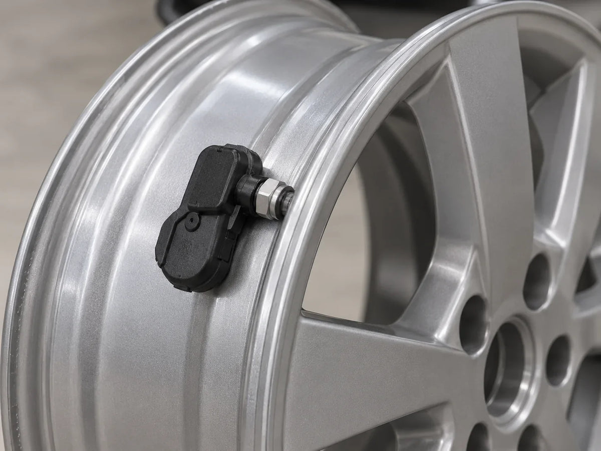 TPMS-sensor gemonteerd aan het ventiel aan de binnenzijde van een velg
