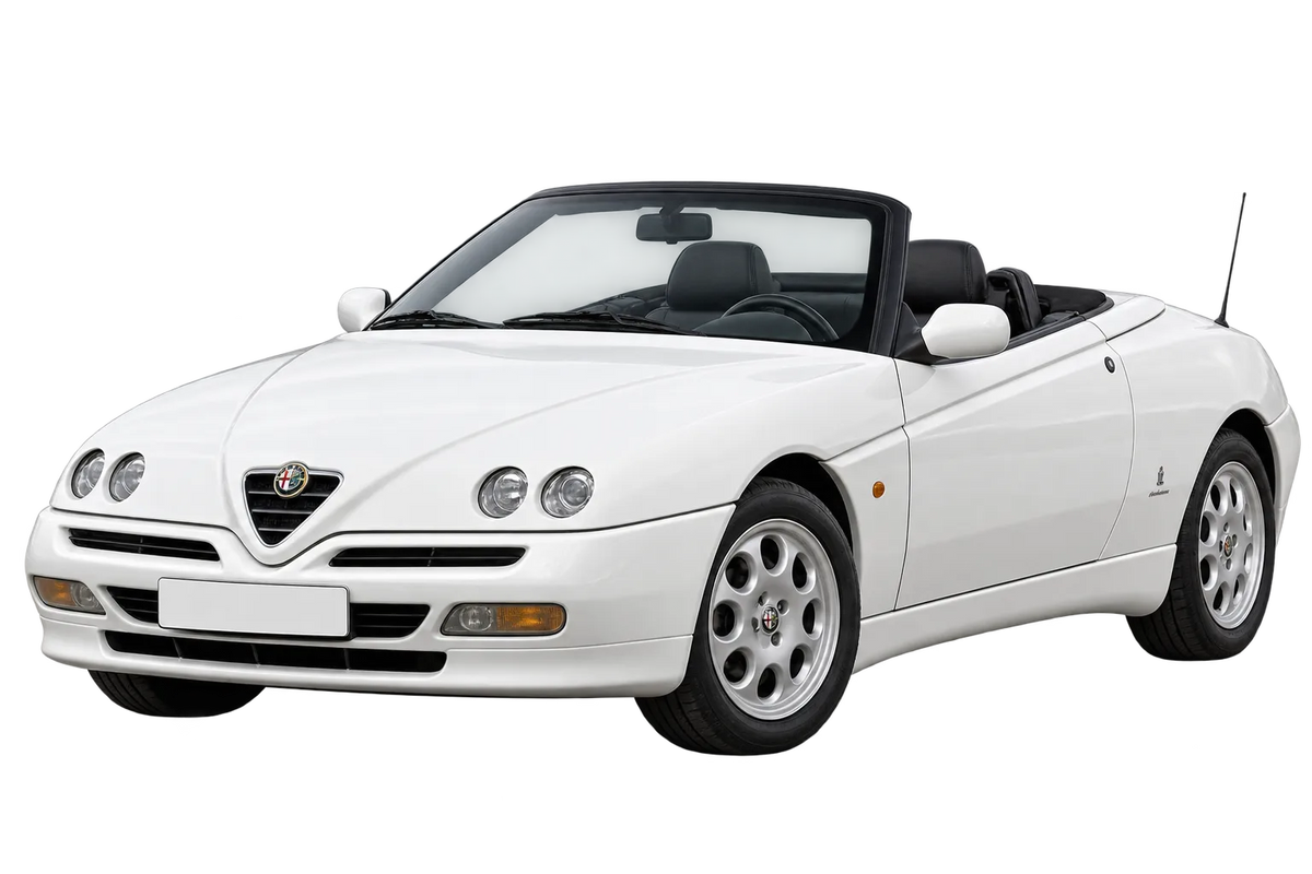 Witte Alfa Romeo Spider 916, schuin van voren