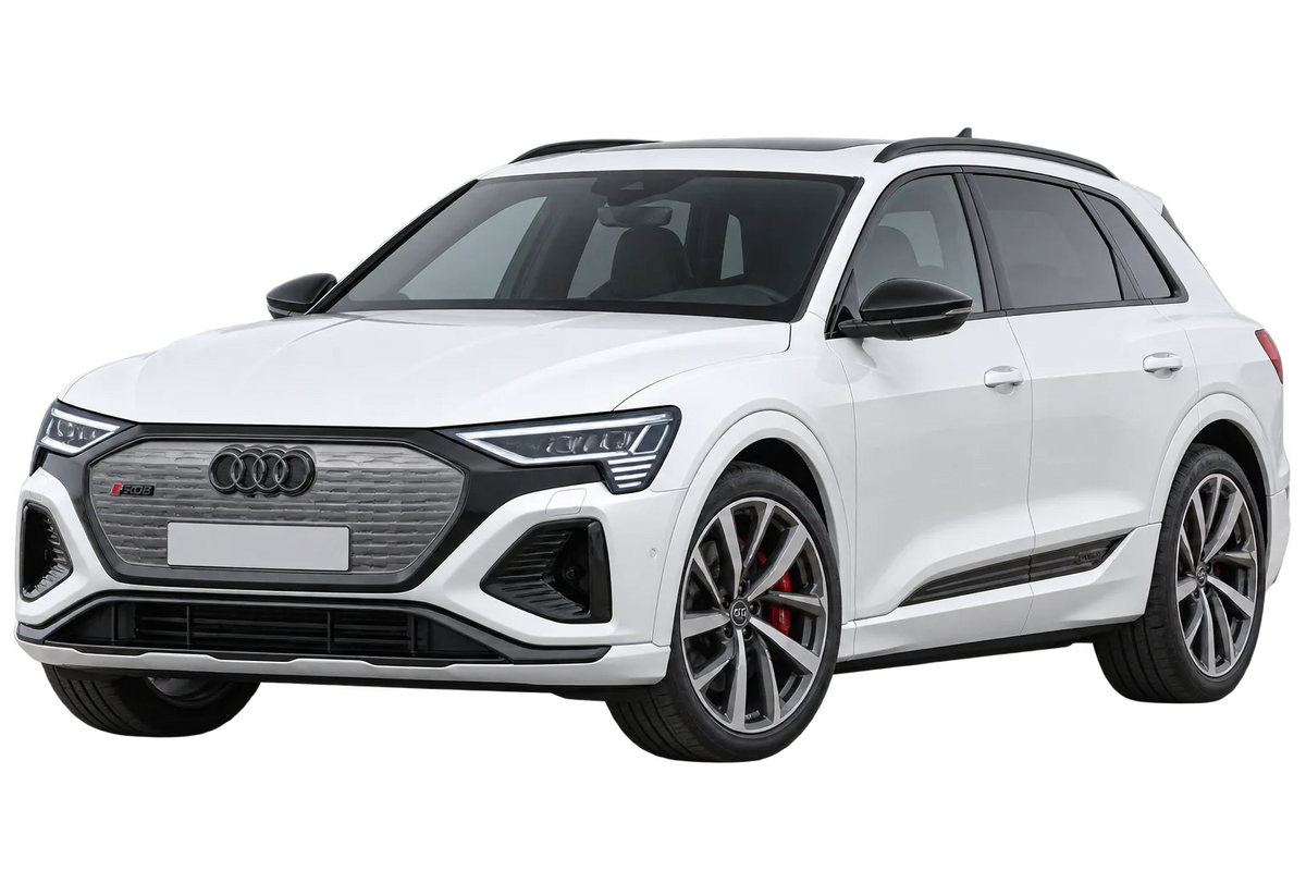 Witte Audi SQ8 GE e-tron, schuin van voren