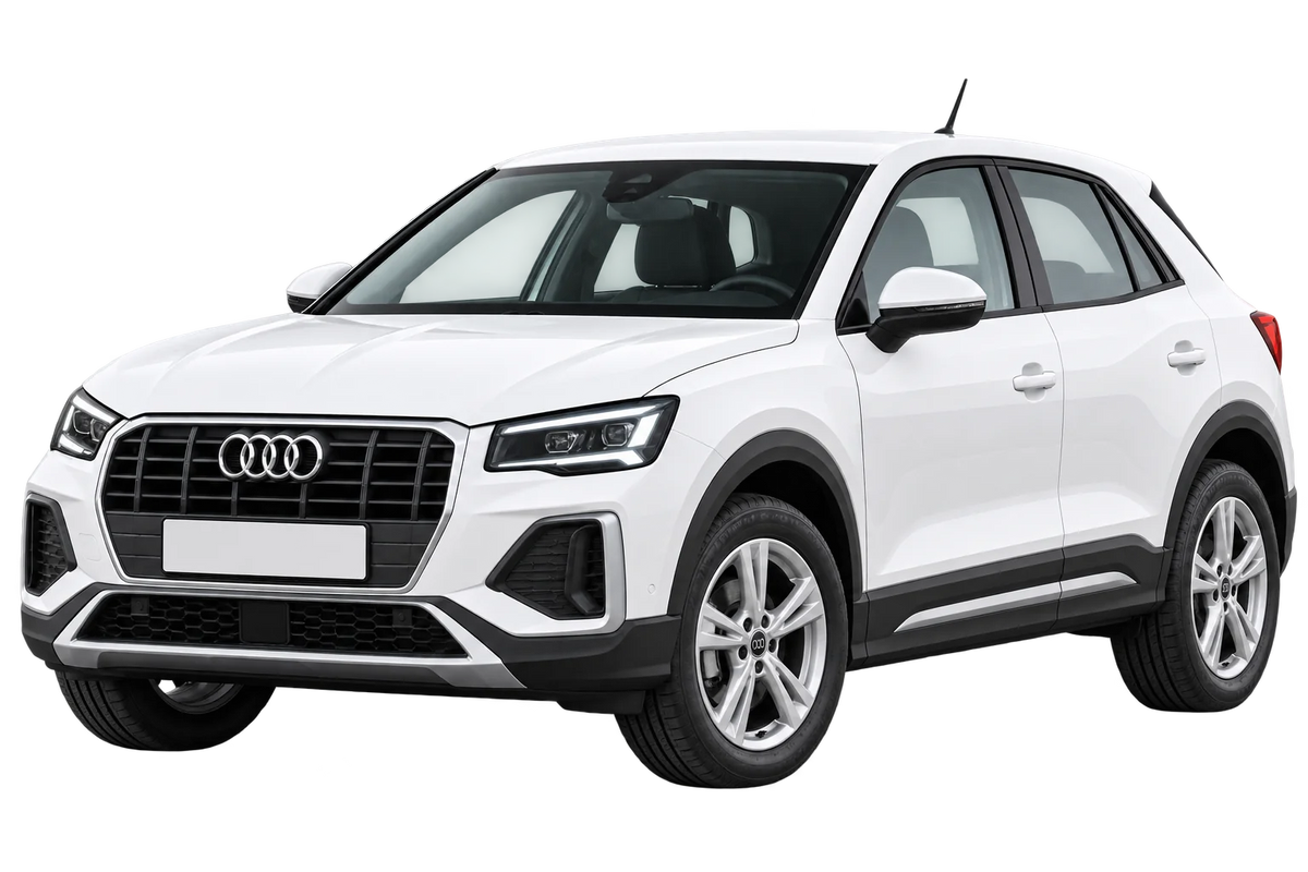 Witte Audi Q2 GA Facelift 2020, schuin van voren