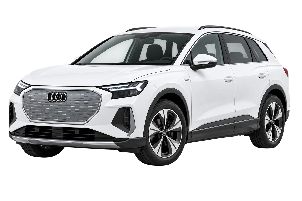 Witte Audi Q4 FZ e-tron, schuin van voren