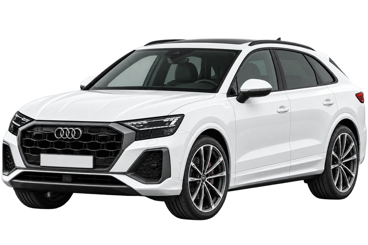 Witte Audi Q8 4M 4L SUV Facelift 2023, schuin van voren