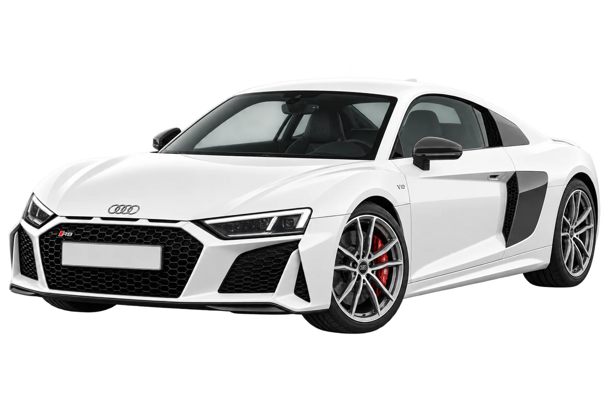 Witte Audi R8 42 Coupé Facelift 2019, schuin van voren