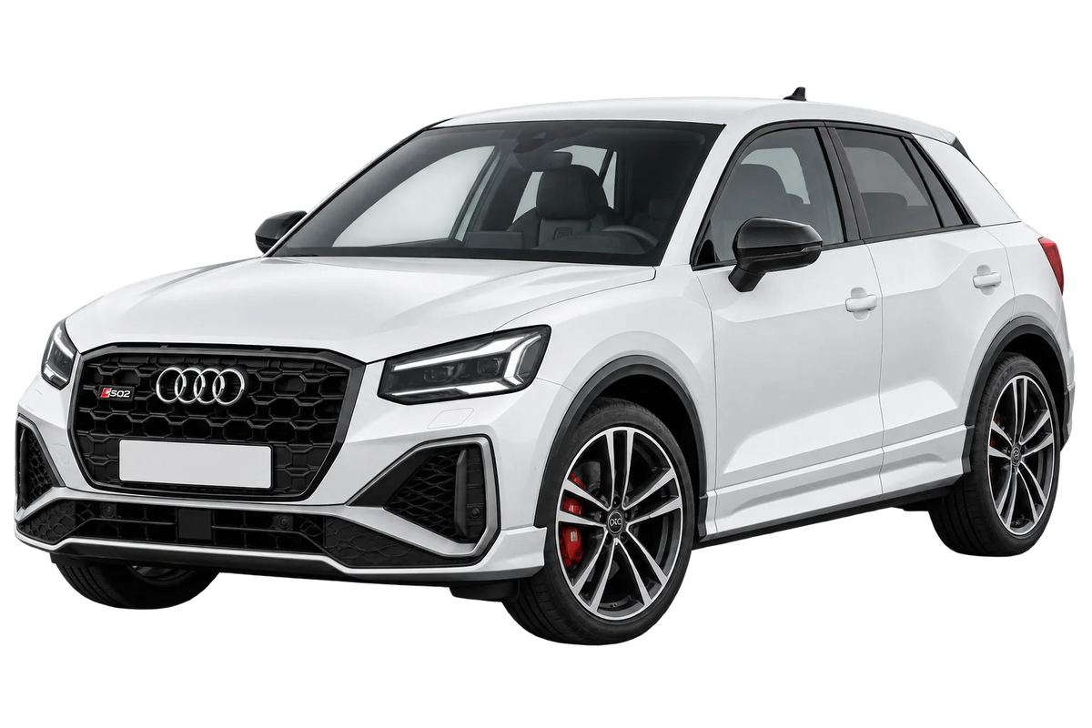 Witte Audi SQ2 GA SQ2 TFSI Facelift 2021, schuin van voren