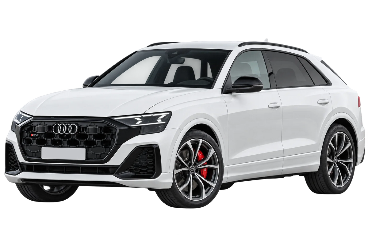Witte Audi SQ8 4M 4L SUV Facelift 2023, schuin van voren