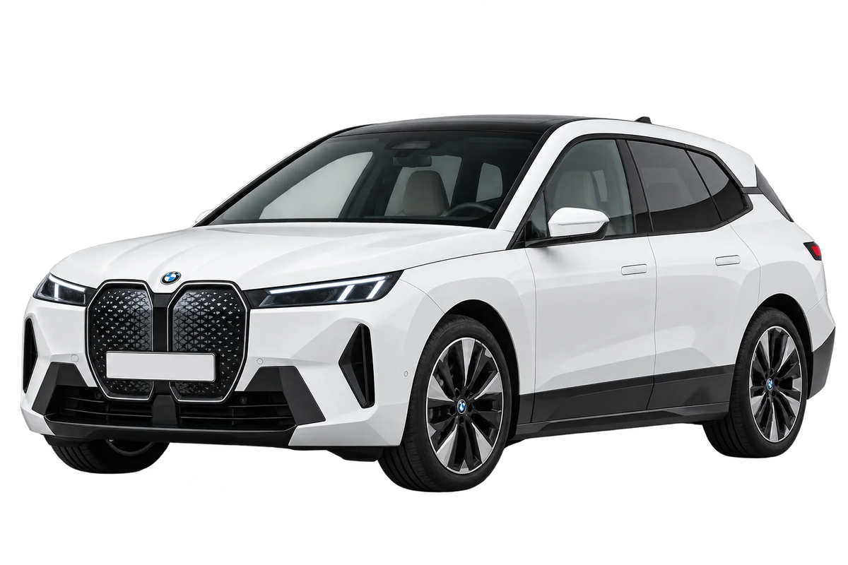 Witte BMW iX BMWi-N Facelift 2025, schuin van voren