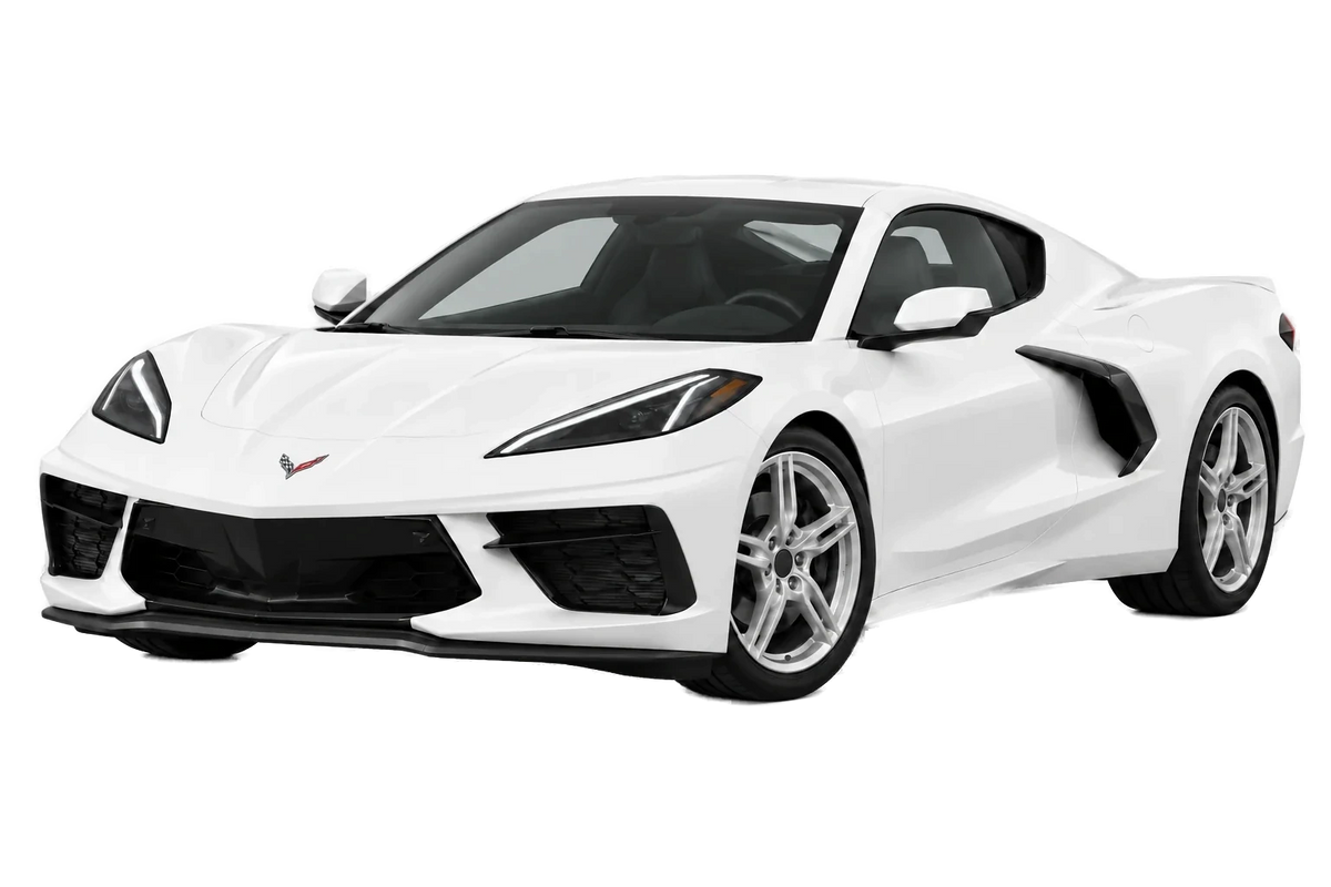 Witte Chevrolet Corvette Y2XC C8, schuin van voren