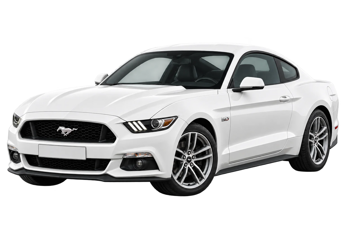 Witte Ford Mustang LAE Coupé, schuin van voren