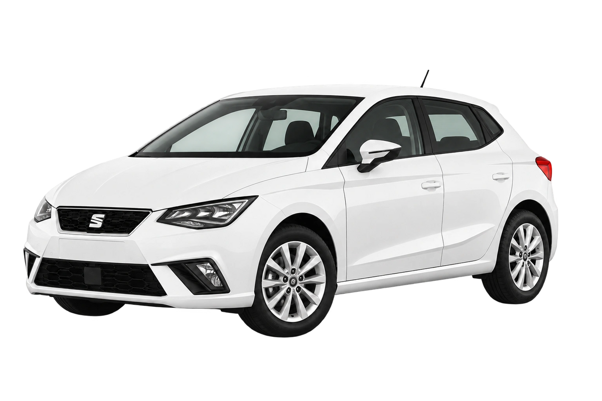 Witte Seat Ibiza KJ, schuin van voren