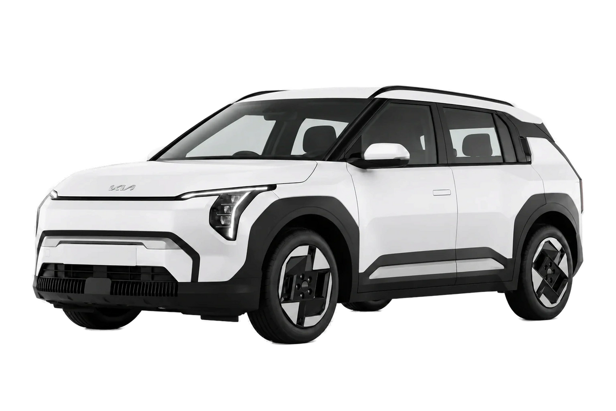 Witte Kia EV3 SV1, schuin van voren
