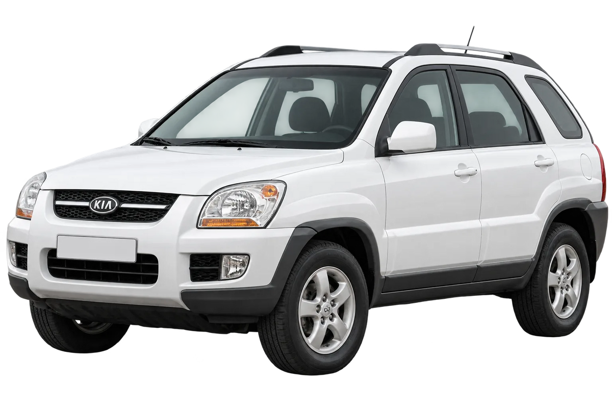 Witte Kia Sportage JE, JES con allargamenti del cerchione, schuin van voren
