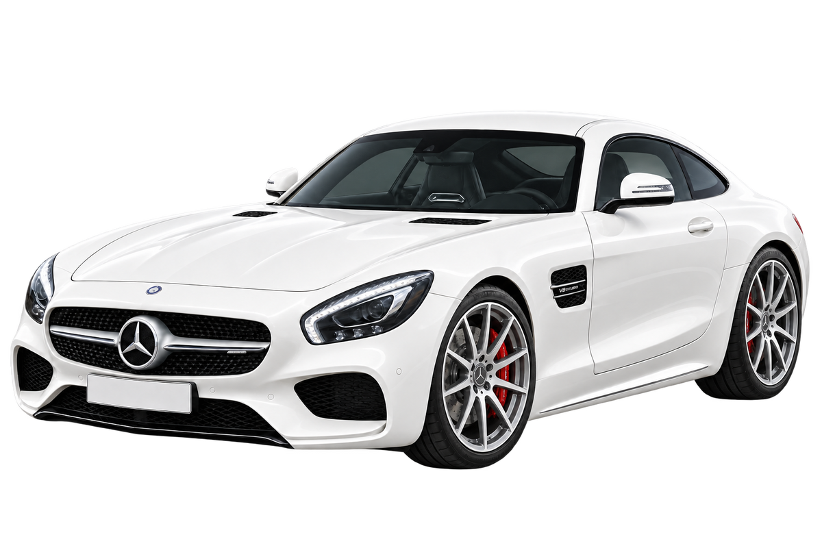 Witte Mercedes GT AMG 197 C190 AMG GT S Coupé, schuin van voren