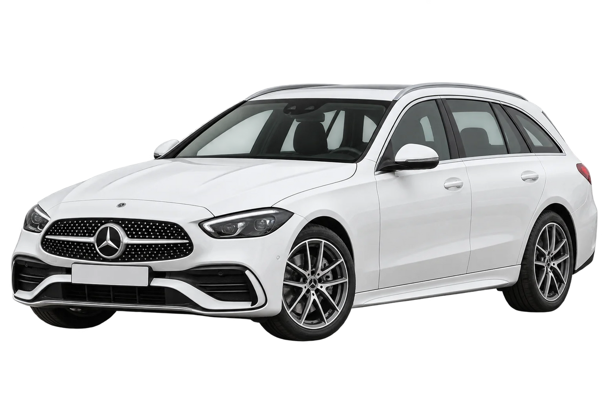 Witte Mercedes C-Klasse R2CS S206 T-Modell Kombi / Station Wagon, schuin van voren