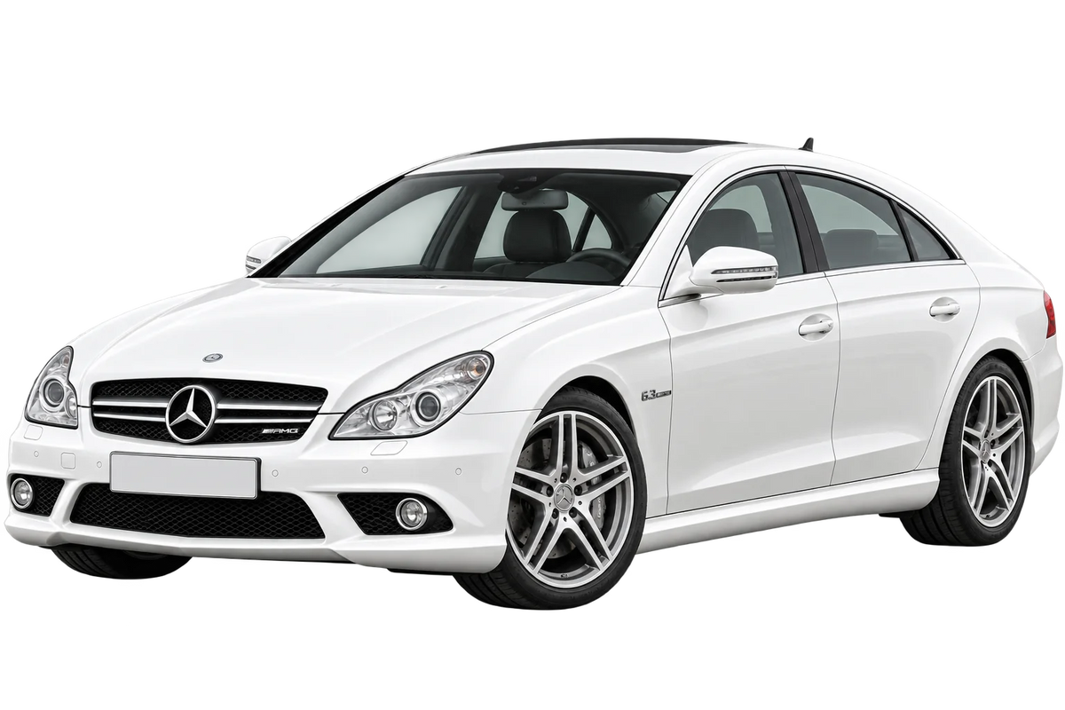 Witte Mercedes CLS AMG 219, 219 AMG AMG CLS 55 Coupé / AMG CLS 63 Coupé, schuin van voren