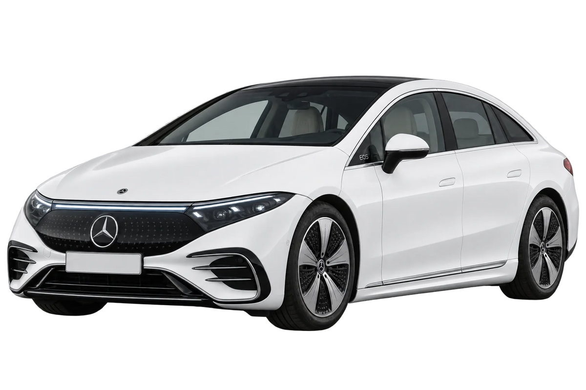 Witte Mercedes EQS E2EQSW V297 Limousine, schuin van voren
