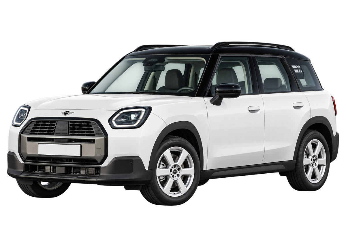Witte Mini Countryman UMX UG, schuin van voren