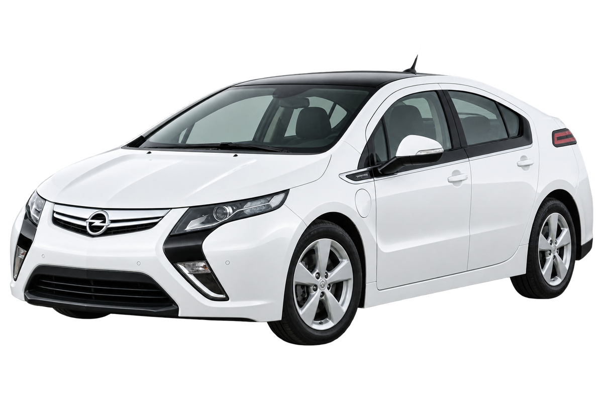Witte Opel Ampera D1JOI, schuin van voren