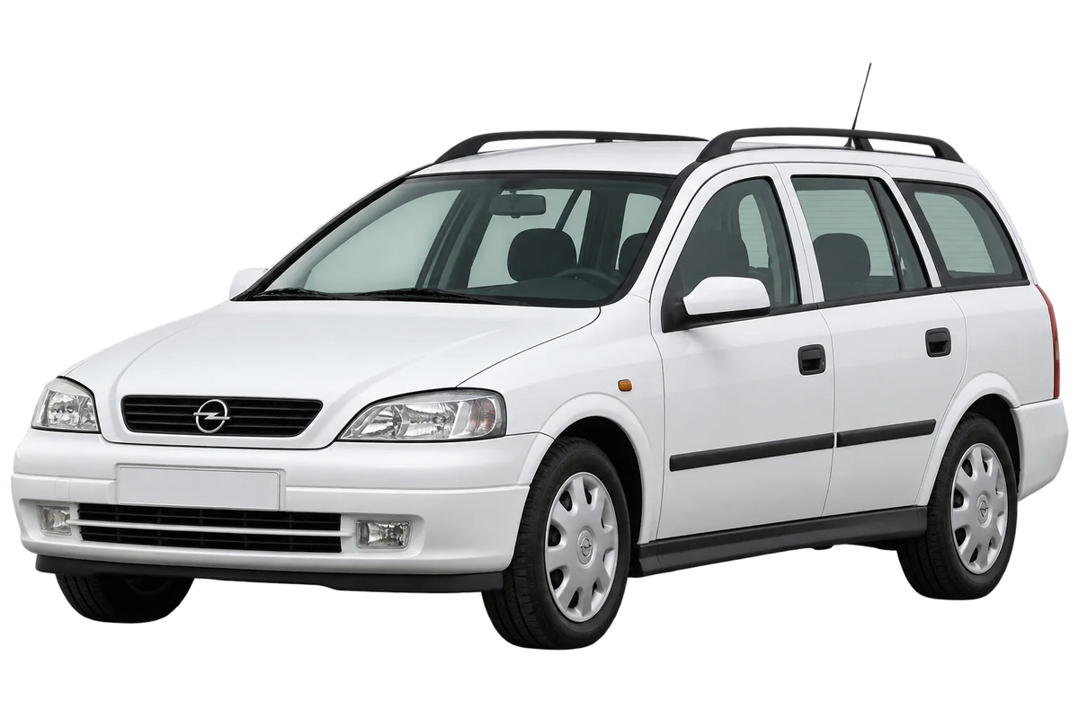 Witte Opel Astra T98/Kombi, schuin van voren
