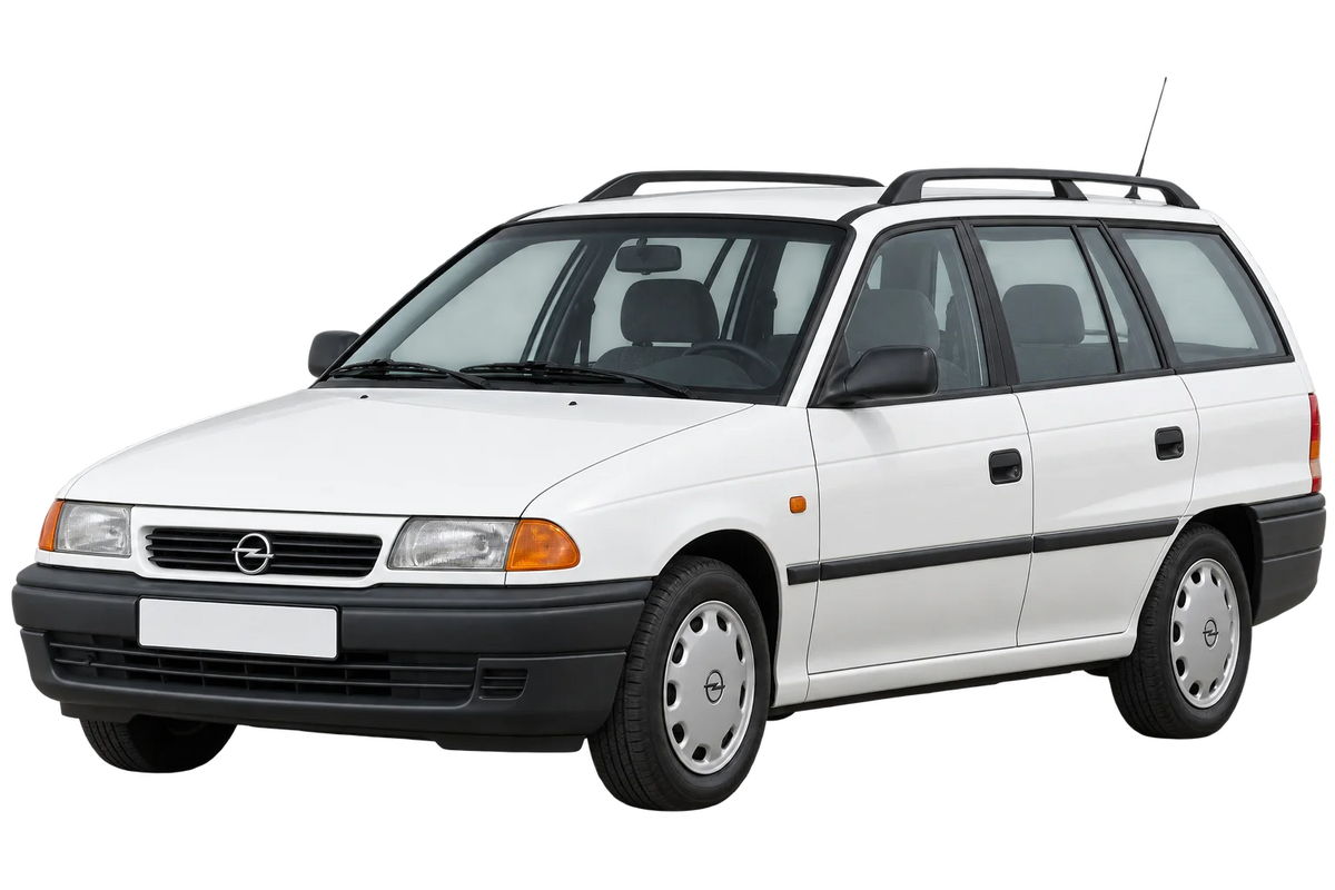Witte Opel Astra A. F-Car., T92/Kom. Caravan, schuin van voren