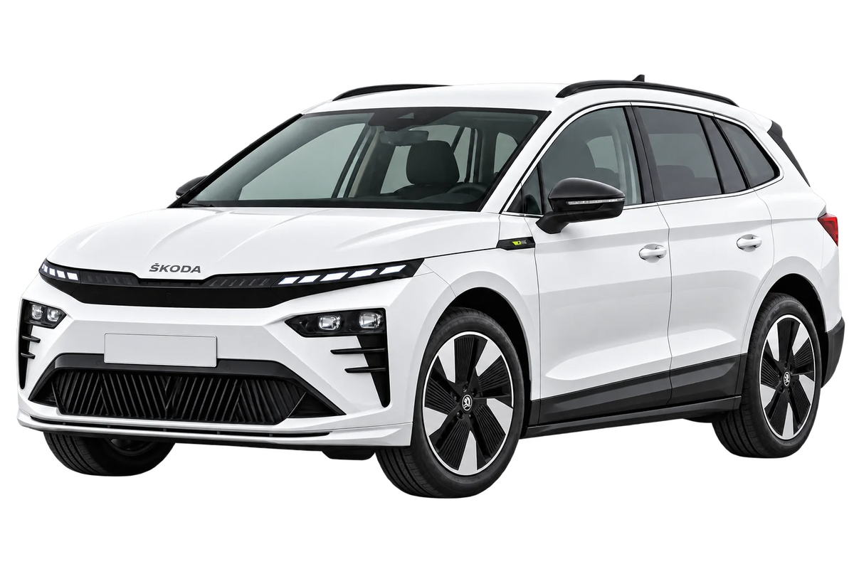 Witte Skoda Enyaq NY RS Facelift 2025, schuin van voren