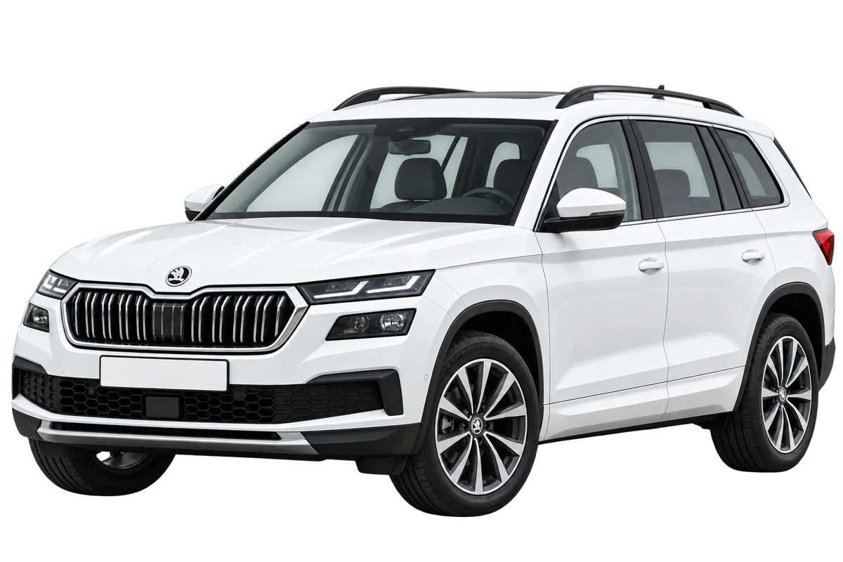 Witte Skoda Kodiaq NS Facelift 2021, schuin van voren