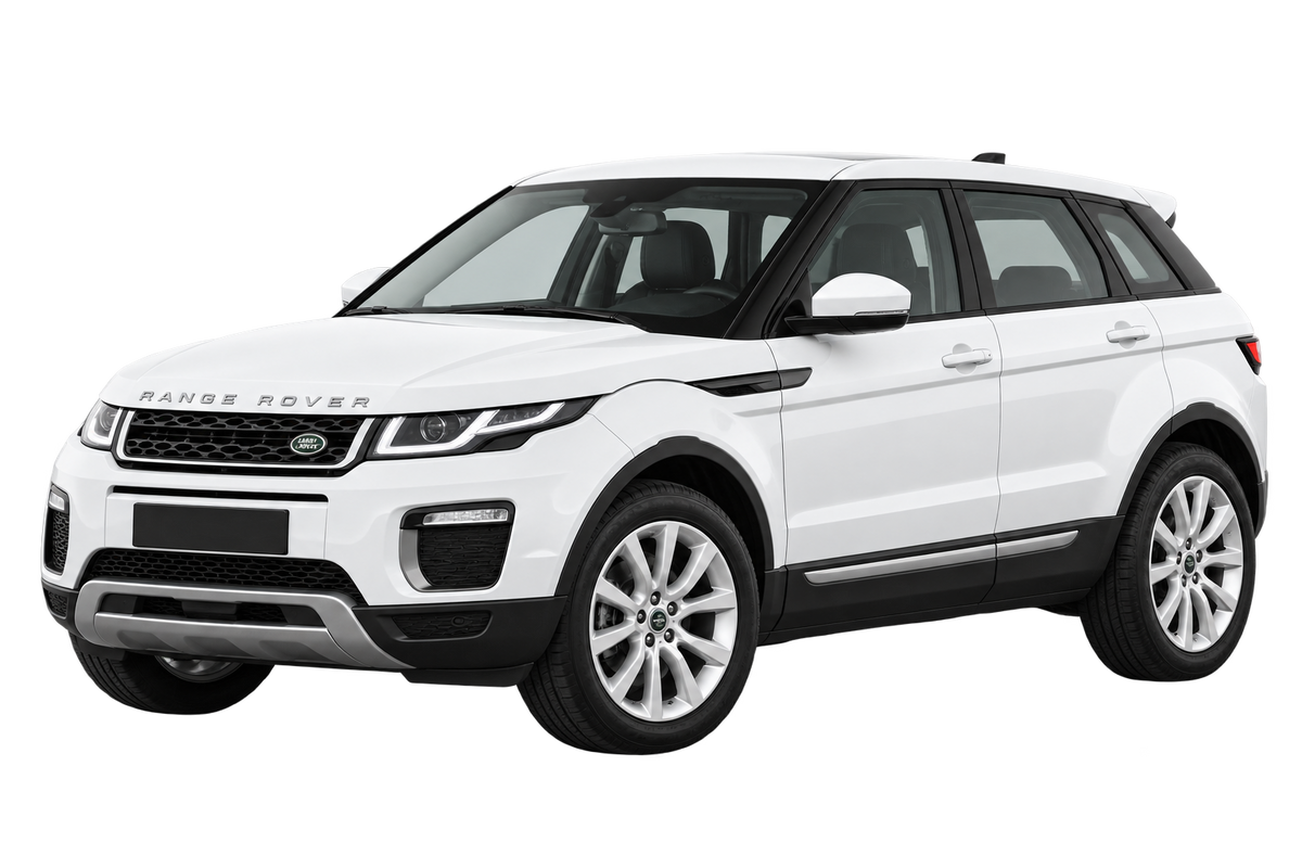 Witte Land Rover Range Rover Evoque LV SUV Facelift 2015, schuin van voren