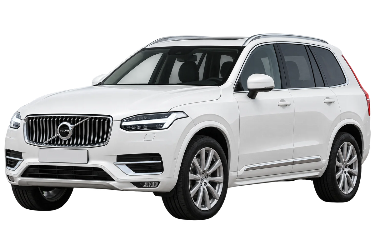 Witte Volvo XC90 L, schuin van voren