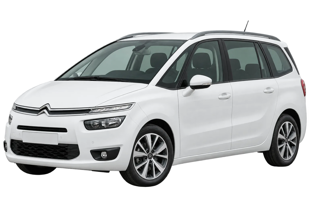 Witte Citroen C4 3 Grand Picasso, schuin van voren
