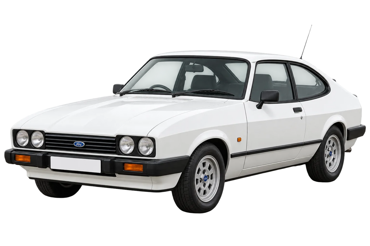 Witte Ford Capri DRP, schuin van voren