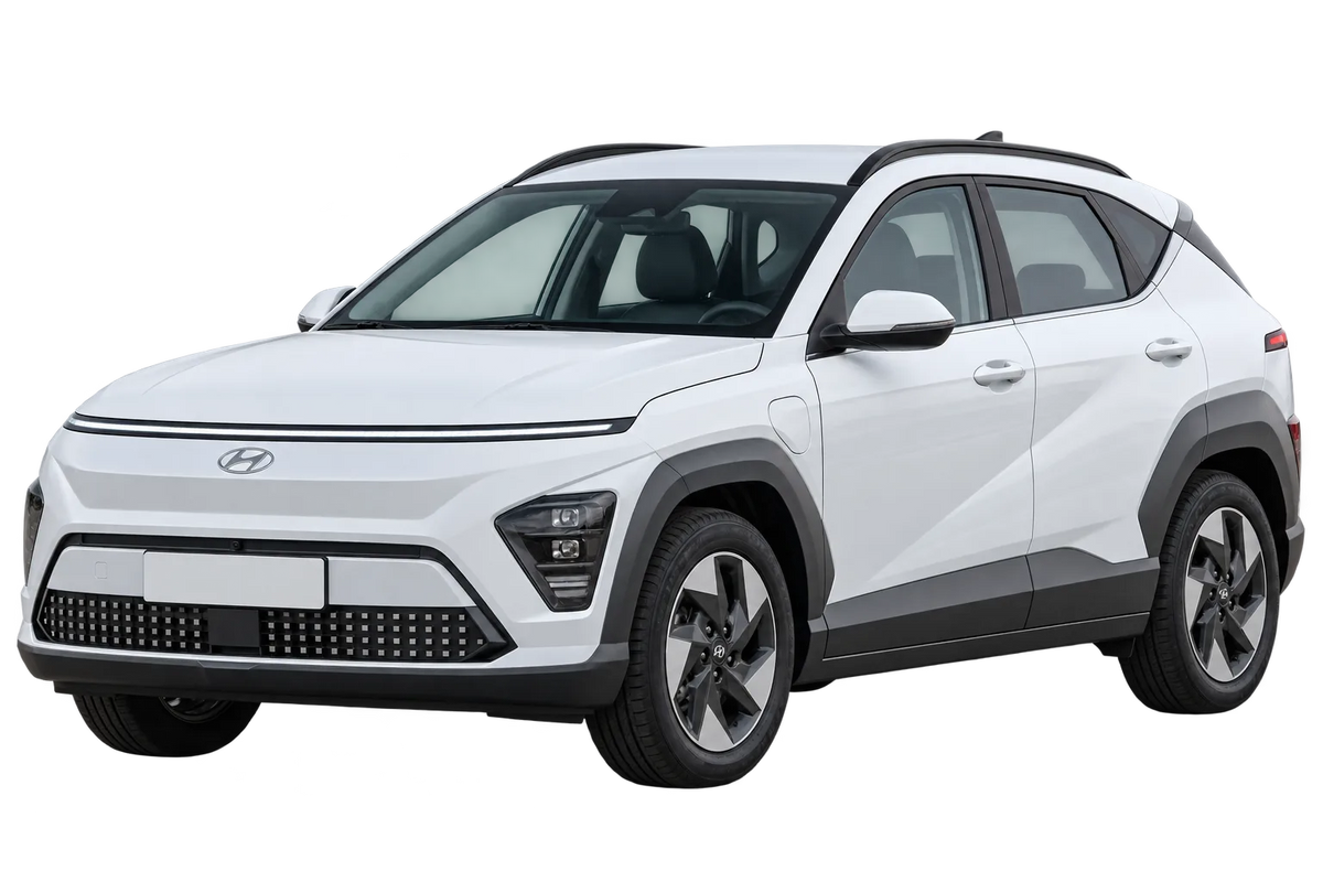 Witte Hyundai Kona SX2E Elektro, schuin van voren