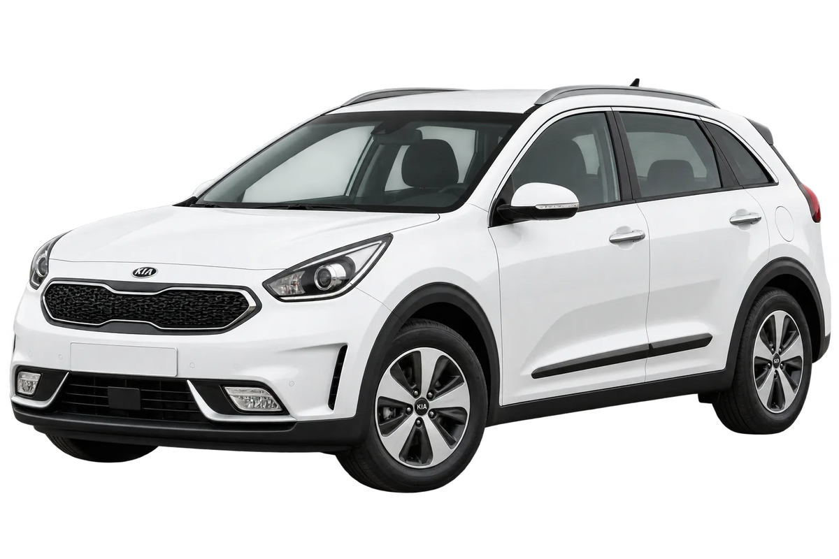 Witte Kia Niro DE, schuin van voren