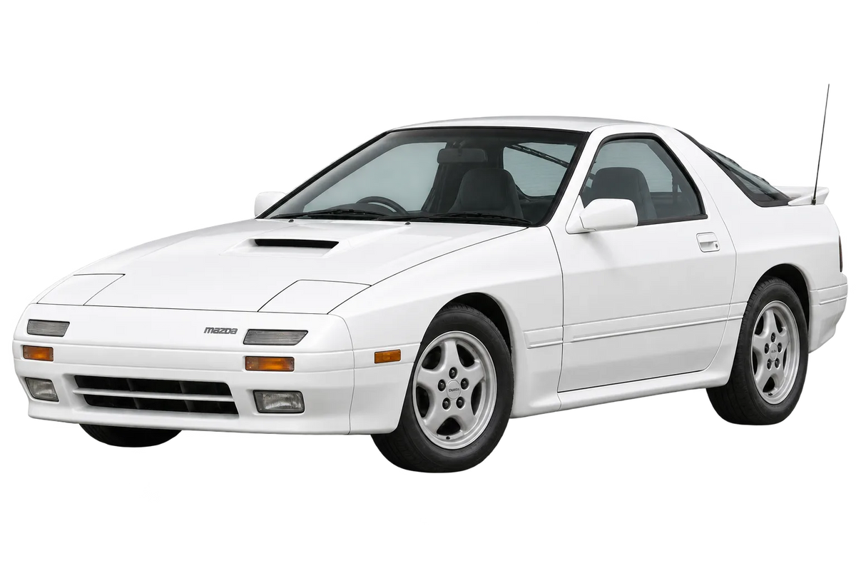 Witte Mazda RX-7 FC, schuin van voren