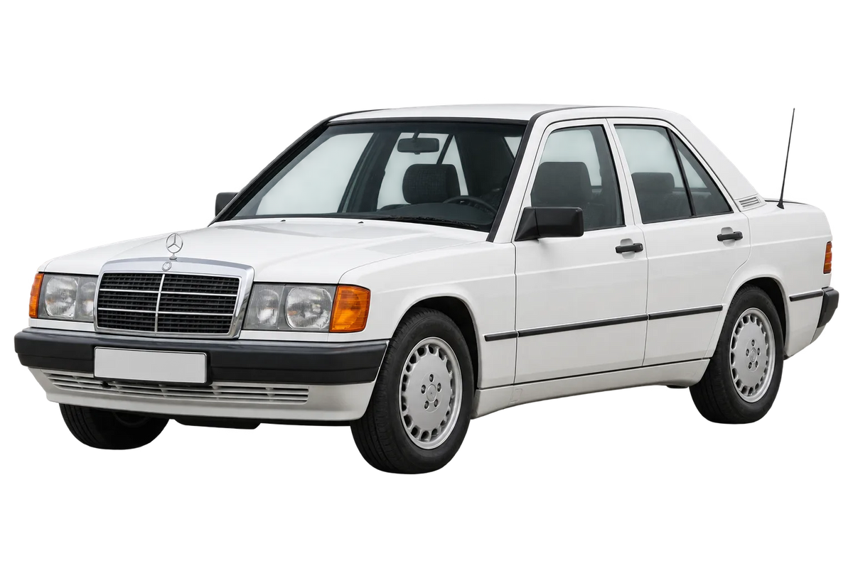 Witte Mercedes 190 er 201 W201, schuin van voren