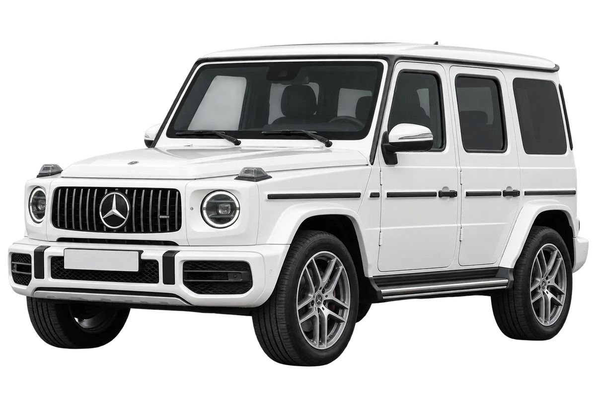 Witte Mercedes G-Klasse 463A, schuin van voren