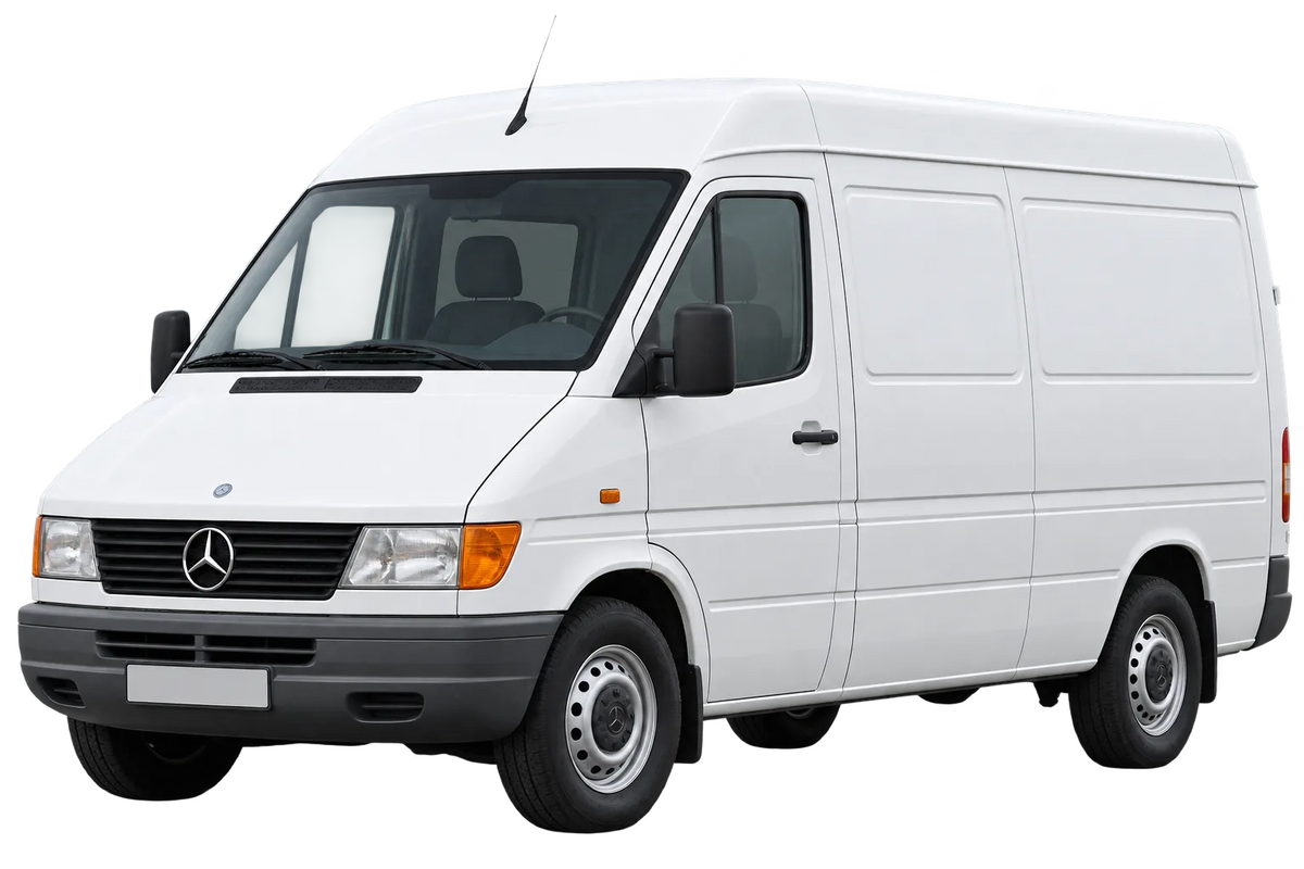 Witte Mercedes Sprinter 902KA con carrozzeria chiusa, schuin van voren