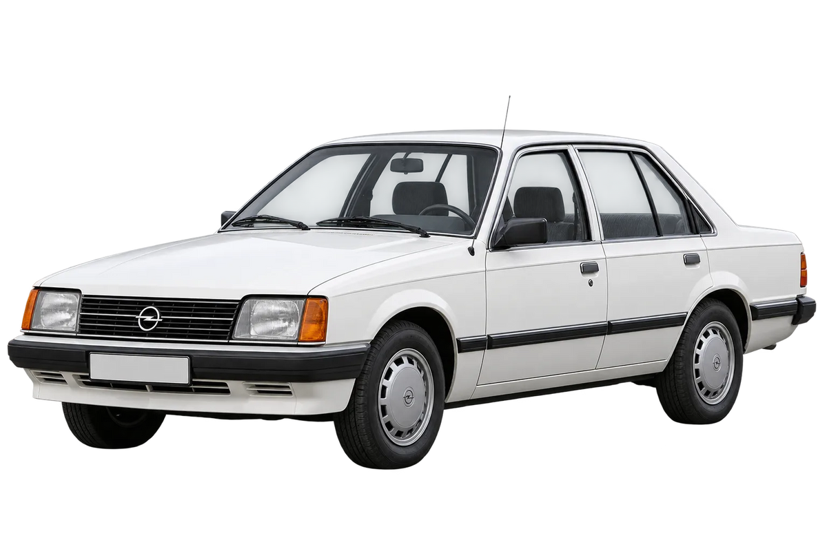 Witte Opel Rekord Rekord E, schuin van voren
