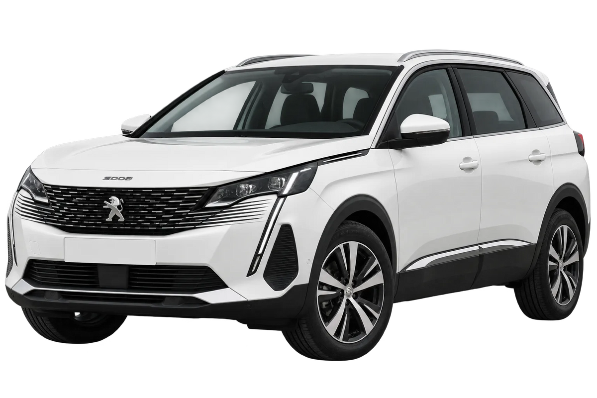 Witte Peugeot 5008 M, schuin van voren