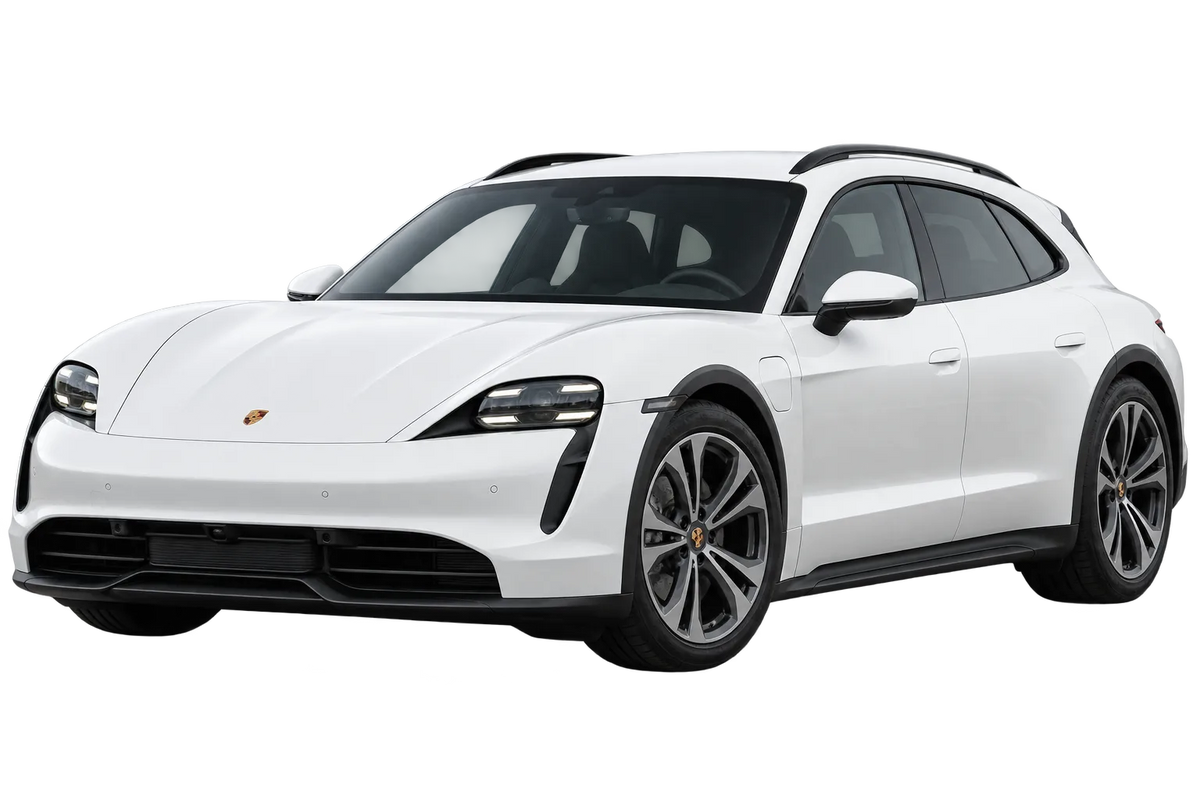 Witte Porsche Taycan Y1A Sport Turismo, schuin van voren