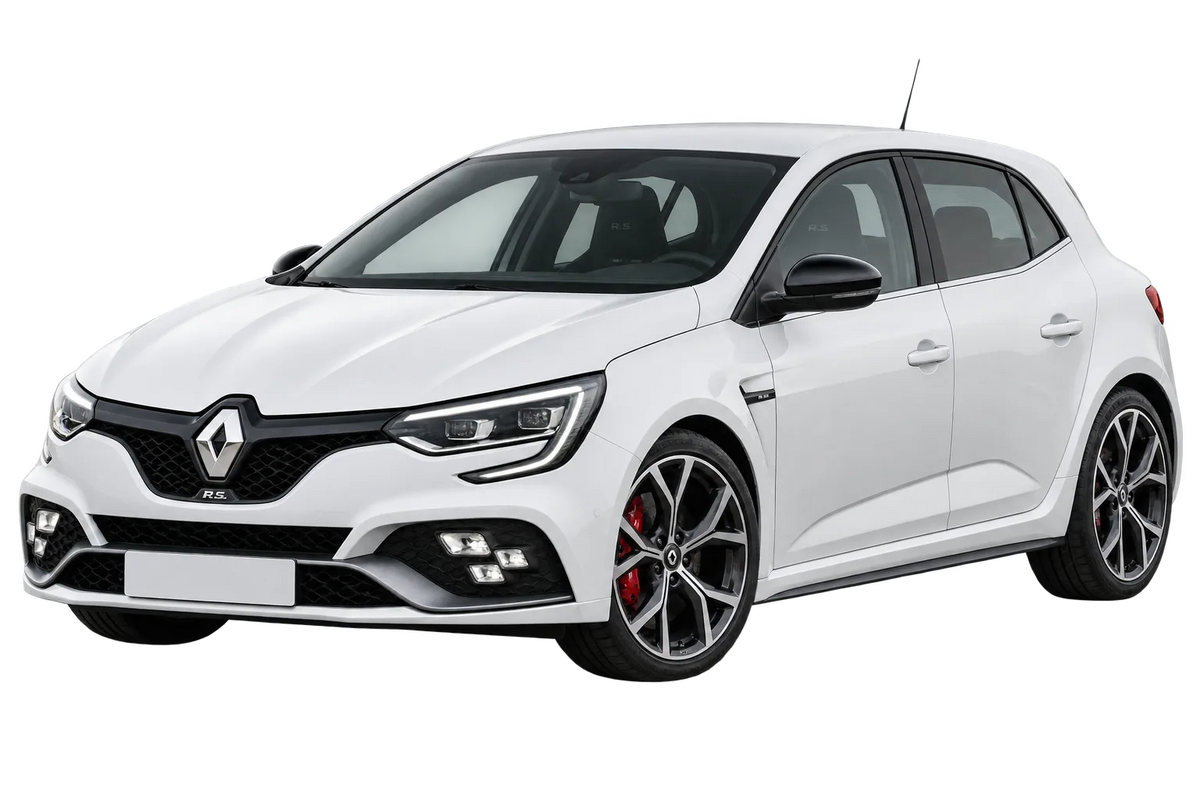 Witte Renault Megane RFB R.S. / 205 kW - 221 kW, schuin van voren