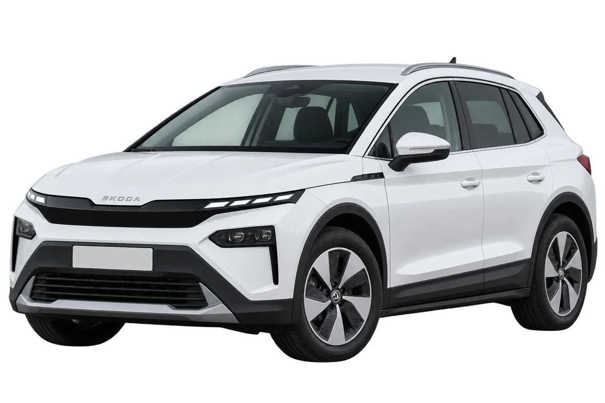 Witte Skoda Elroq NY, schuin van voren
