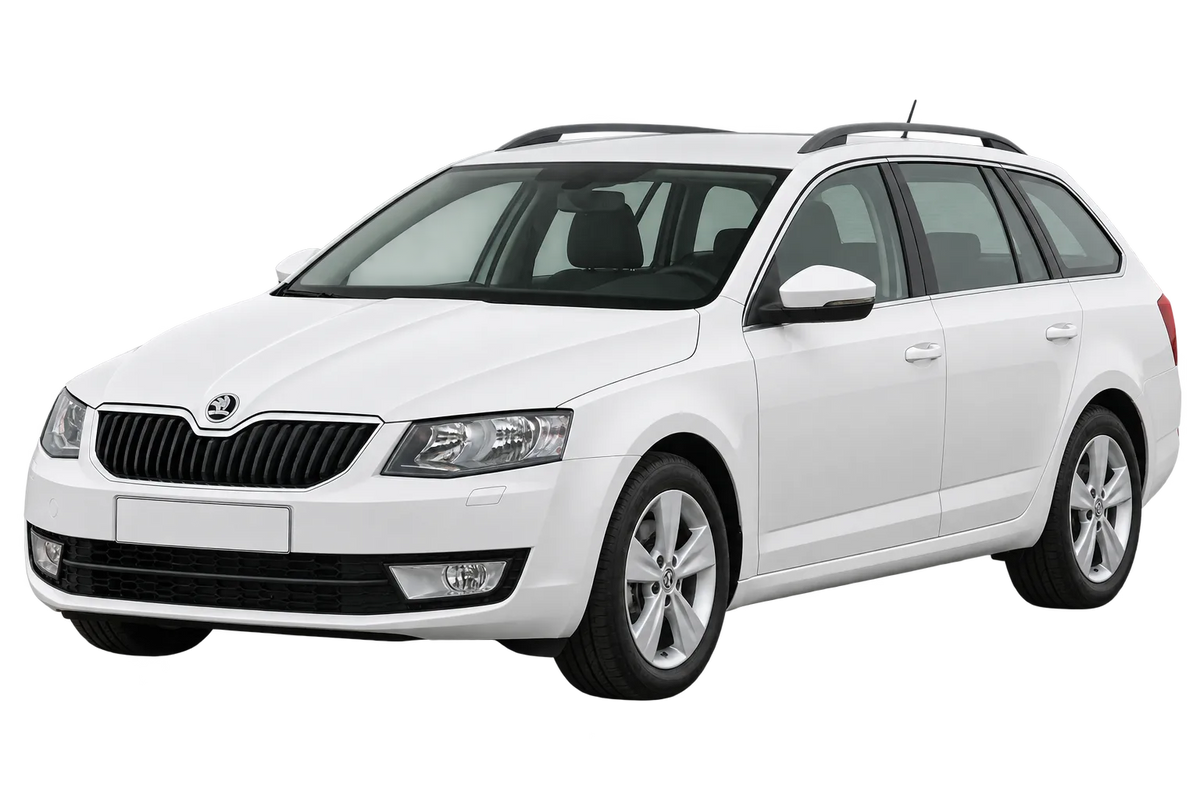 Witte Skoda Octavia 5E Combi, schuin van voren