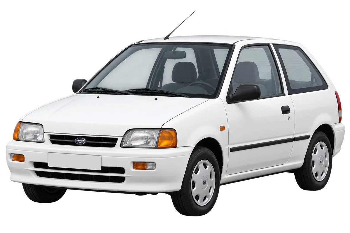Witte Subaru Justy JMA, schuin van voren