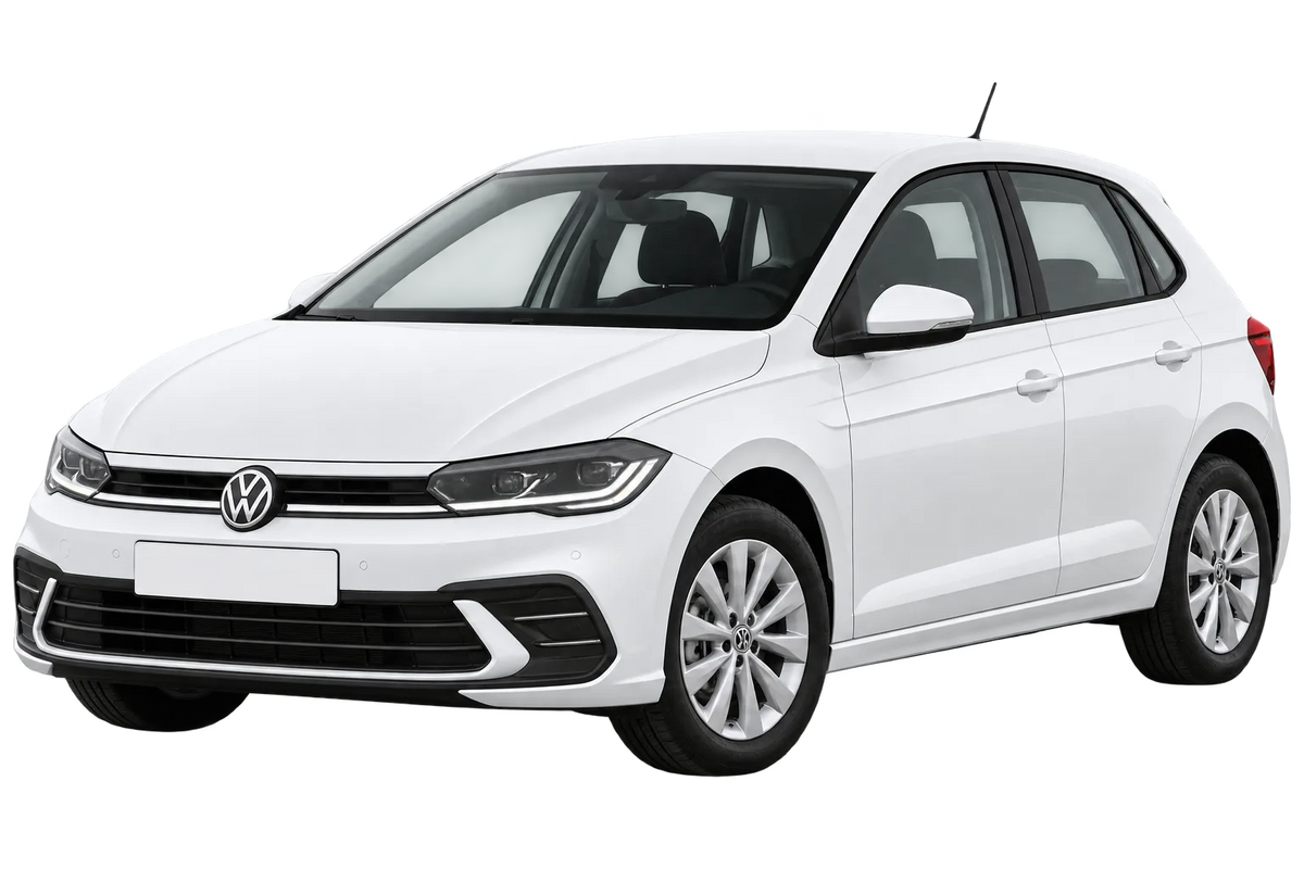 Witte Volkswagen Polo AW, schuin van voren